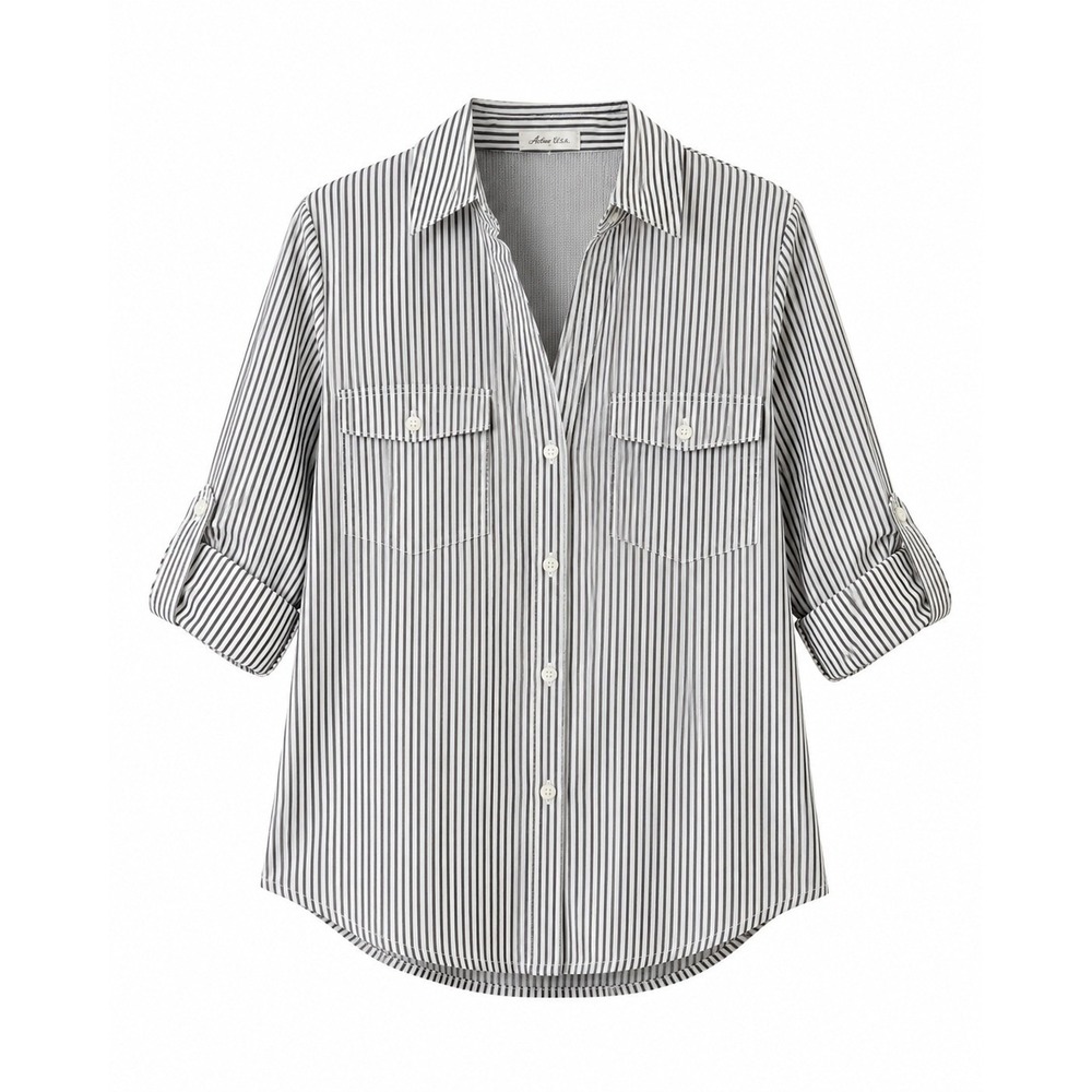 Active USA Womens Olive White Striped Cotton Roll Tab Buttonā Down Shirt Medium